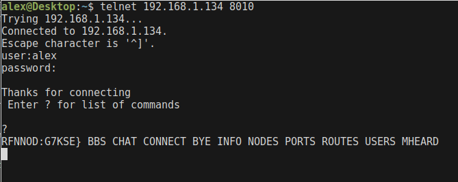 A telnet screenshot showing LinBPQ options